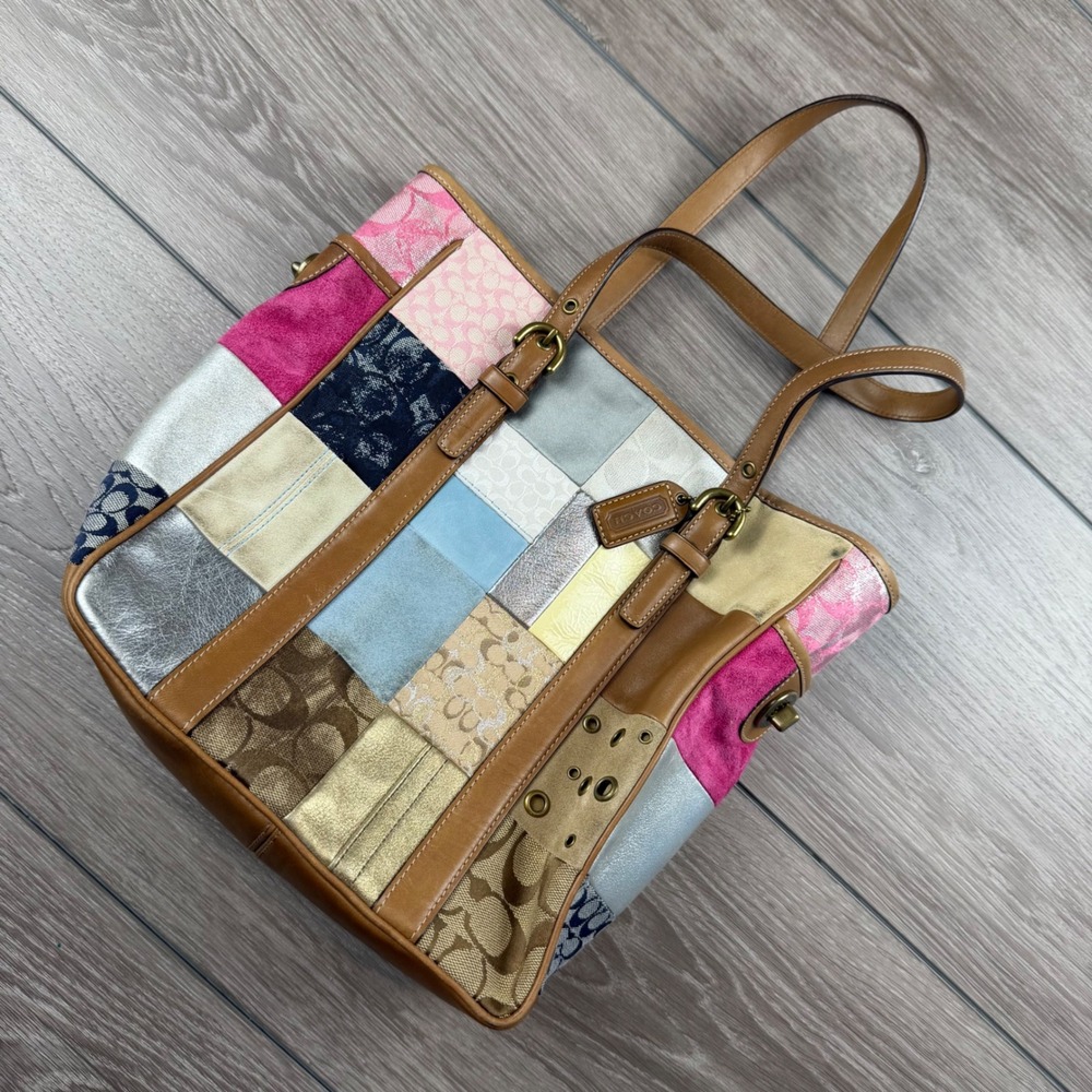 Coach Womens Tote Bag Holiday Patchwork Signature Leather Multi Medium